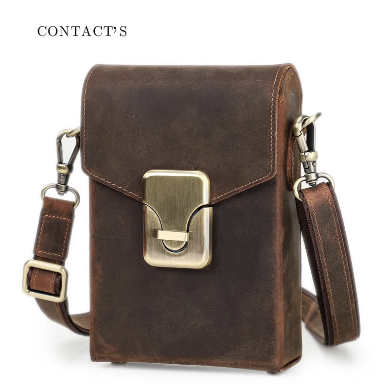 British Style Crazy Horse Genuine Leather Handbags Fashion Trend Lock Single Shoulder Slant Cross Casual Men's Phone Bag Female