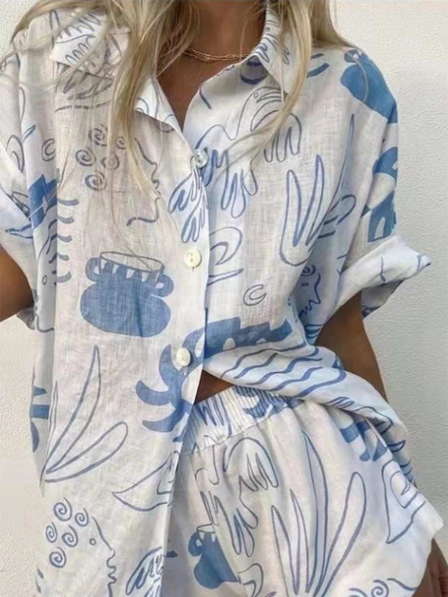 

Женский Повседневный костюм из коротких брюк, топ на пуговицах с принтом и отложным воротником и шорты с эластичным поясом, свободный костюм с мини-шортами, новинка 2023