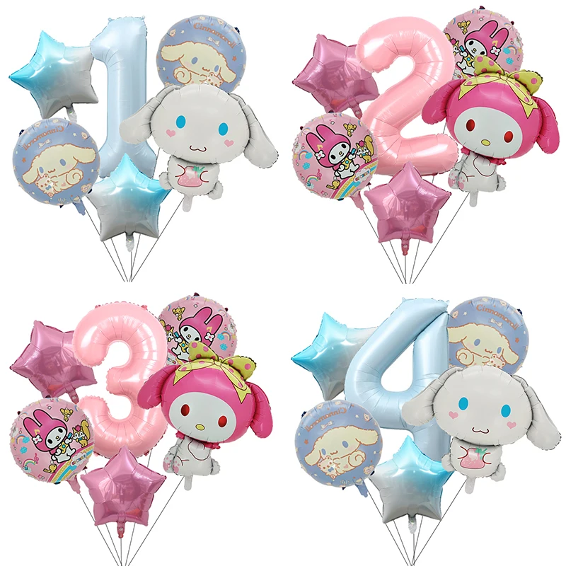 6pcs Kulomi Theme Girl Birthday Balloon Set Baby Blue Pink Number 1-9 Foil Ball Cinnamoroll Melody Birthday Party Favors Decor