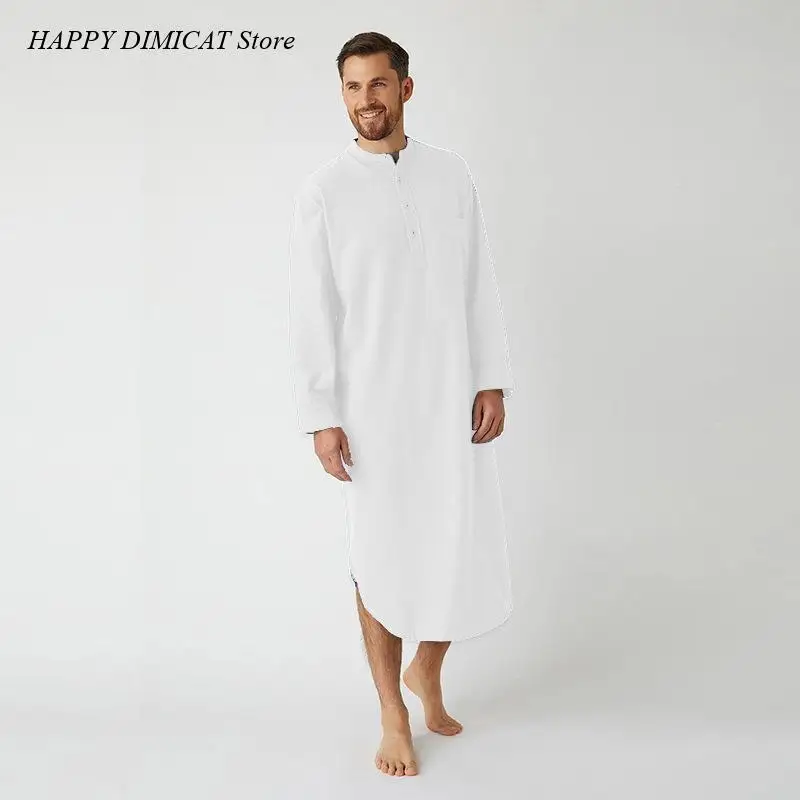 Solid Color Sleep Robe Leisure Men\'s Stand Collar Muslim Nightgown Home Wear Long Sleeve Pocket Buttons Down