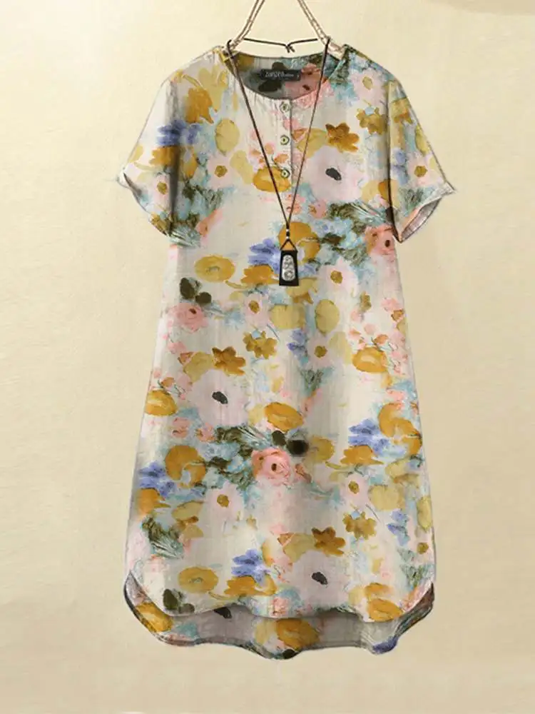 

ZANZEA Vintage Oversized Vestidos Casual Round Neck Shirtdress Women 2023 Summer Short SLeeve Floral Printing Pockets Mini Dress