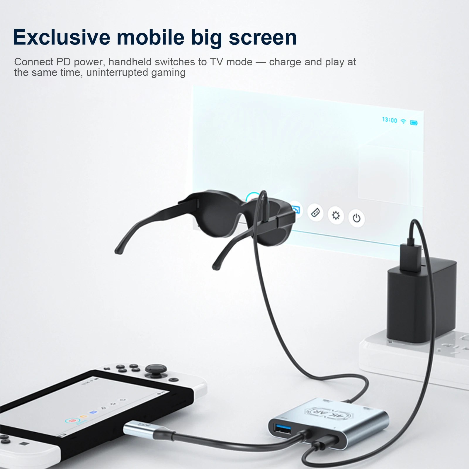 4-in-1 듀얼 USB-C 디스플레이 허브 플러그 앤 플레이 USB C-AR 글래스 및 충전 어댑터, 스위치, 휴대폰, 노트북, 태블릿용 컴팩트