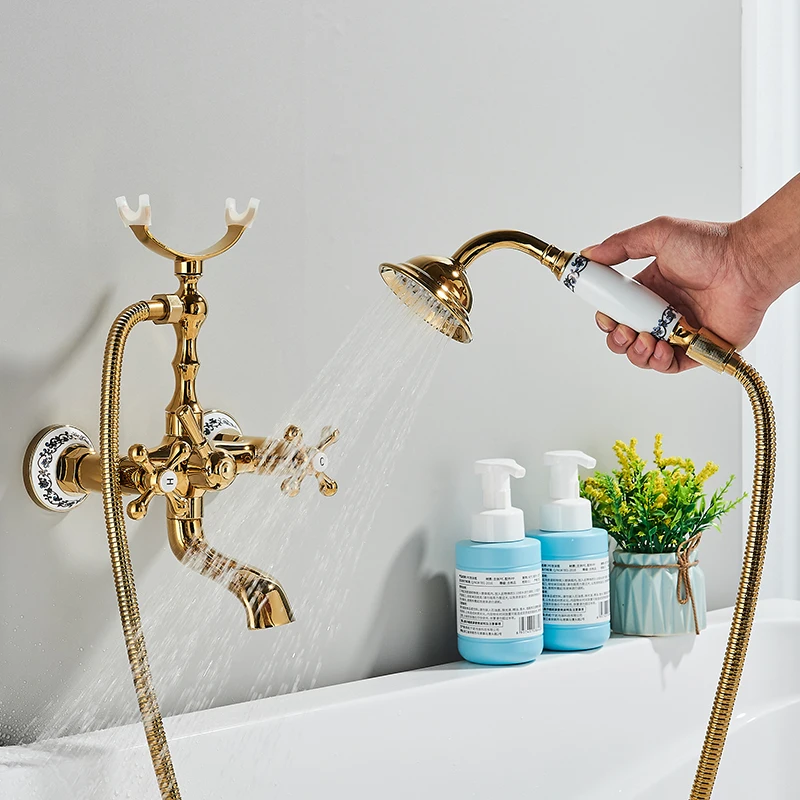 Luxury Golden Bathtub Faucet Hot Cold Water Mixer Tap With Sprayer Hand Shower Bathroom Wall Mounted Rotate Spout Crane 2