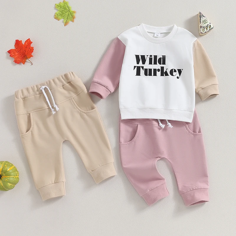 

Baby Clothing Girl Boy Kids Letter Print Contrast Color Tops Sweatshirt Pants Set Toddler Thanksgiving Outfits Clothes