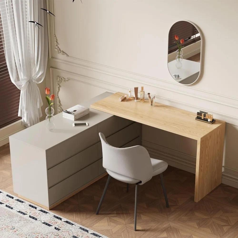 Modern Expandable L-Shaped Vanity Desk with 6 Drawers, Adjustable Computer Table for Home Office, Study, Writing, Gaming 6