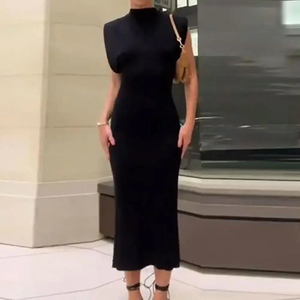 

Black Sleeveless High Collar A Line Dress Women Elegant Mid Waist Slim Fit Summer Casual Holiday Dress Fashion Long Robe