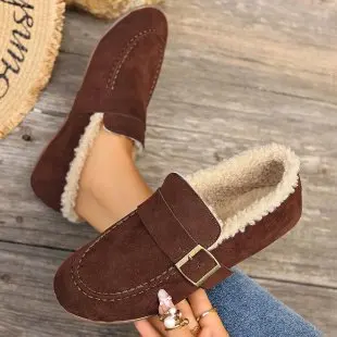 Casual Lambswool Loafers Women Flats Belt Strap Shoes Winter Furry Shoes Ladies Cotton Mocasines Warm Slip On Sheep Fur Boots
