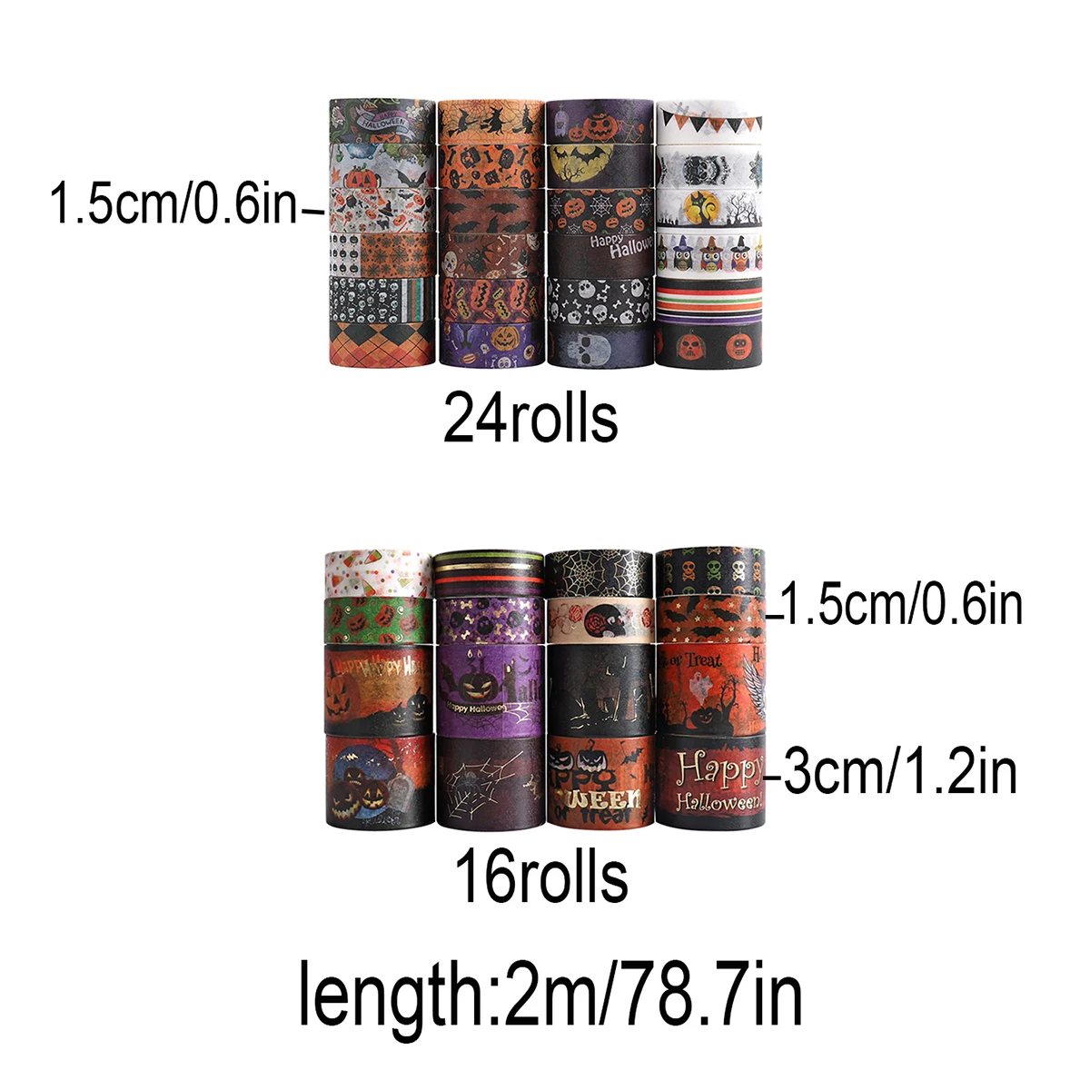 16롤/24롤, 창의적인 할로윈 패턴과 와시 테이프, DIY 공예품, 선물 상자 장식에 적합, 트렌디하고 인기 있는 제품