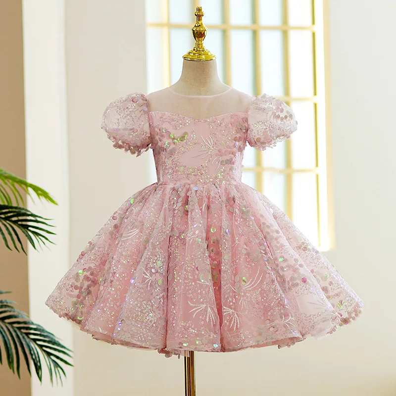 Elegant Girls Flower Puff Sleeve Dresses for Weddings Kids Formal Birthday Party Fairy Princess Sequins Children Tulle Vestido