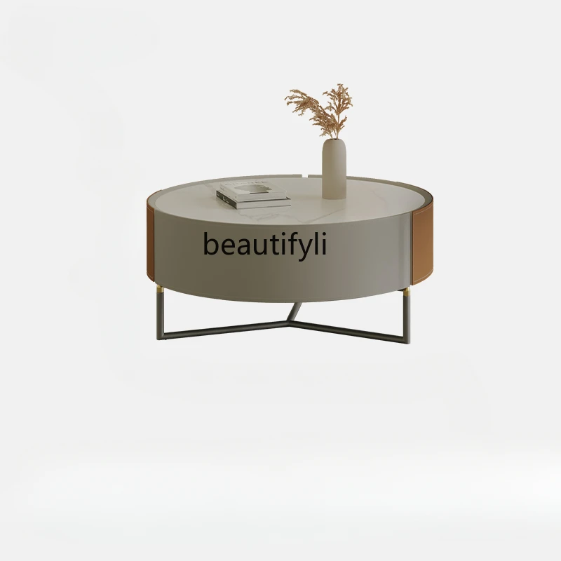 

Italian Saddle Leather Stone Plate Coffee Table TV Cabinet Combination Simple Modern Small Apartment Light Luxury High Sense