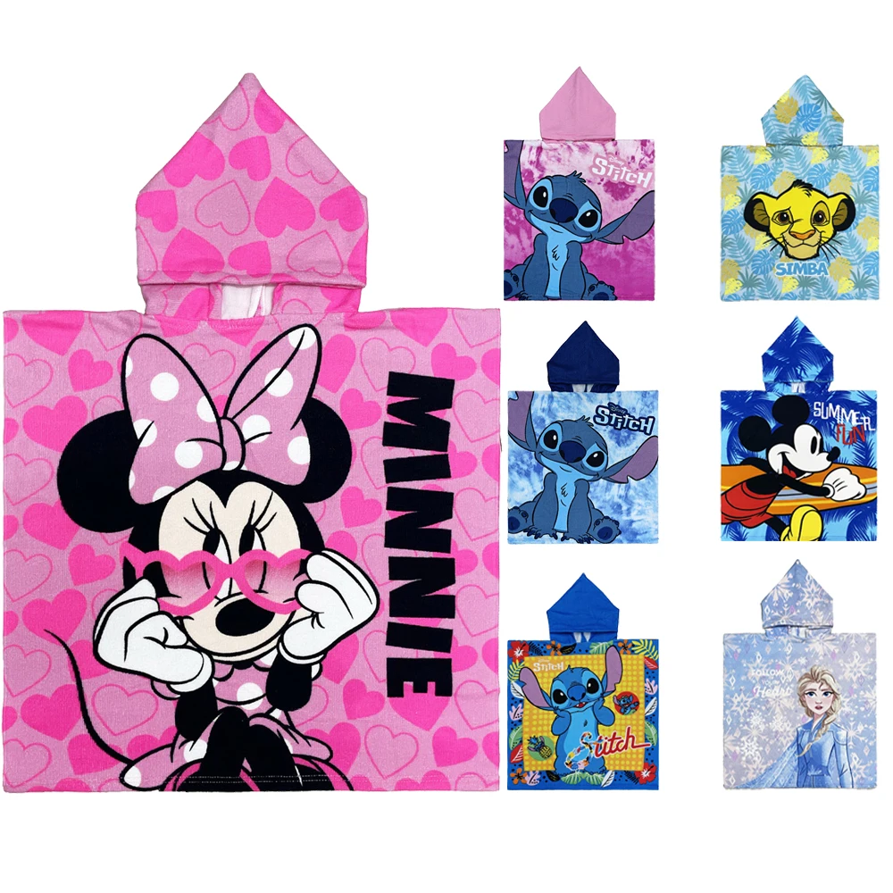 Baby Bathing Towels Cartoon Hooded Minnie Bath Robes for Girls Kids Beach Towel Stitch Mickey Print Cape Towels Soft Poncho