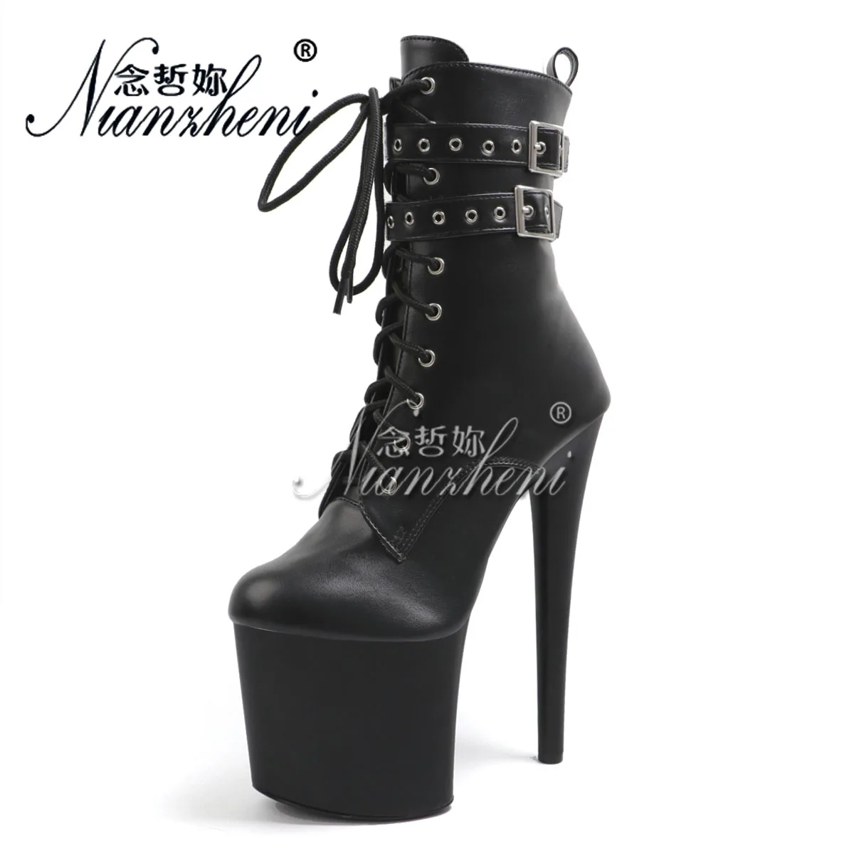 

Gothic Black Ankle Boots 20cm Punk Strip Pole Dance 13cm Sexy Fetish Shoes Platform 8Inch Round Toe Nightclub Exotic Dancer