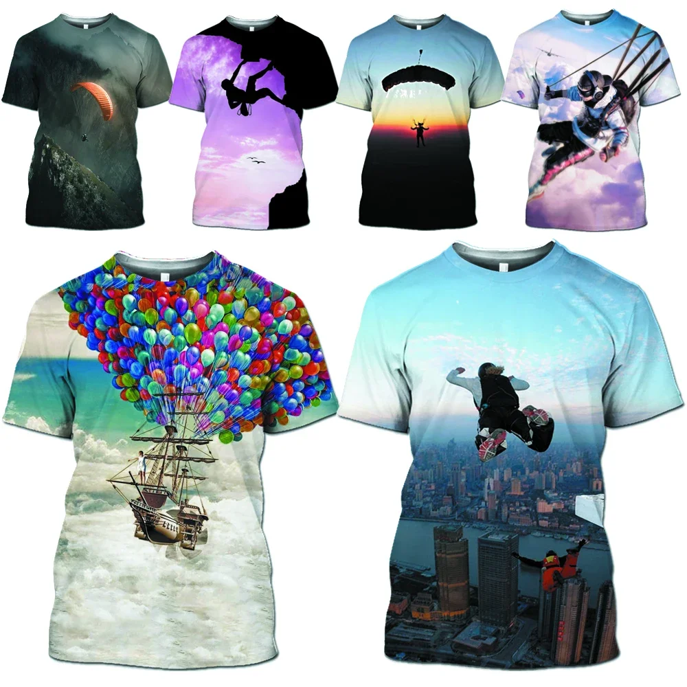 

2024 Summer Fun Comic Short Sleeve T-shirt Mamba Top Parachute Men 3D Printed Animated Extreme Sports Retro Skydiving T-shirt