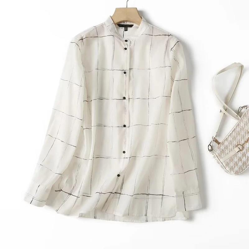 Увядшая Повседневная Блузка в английском стиле с воротником-стойкой, женские топы, Офисная Женская модная шифоновая рубашка в клетку с принтом