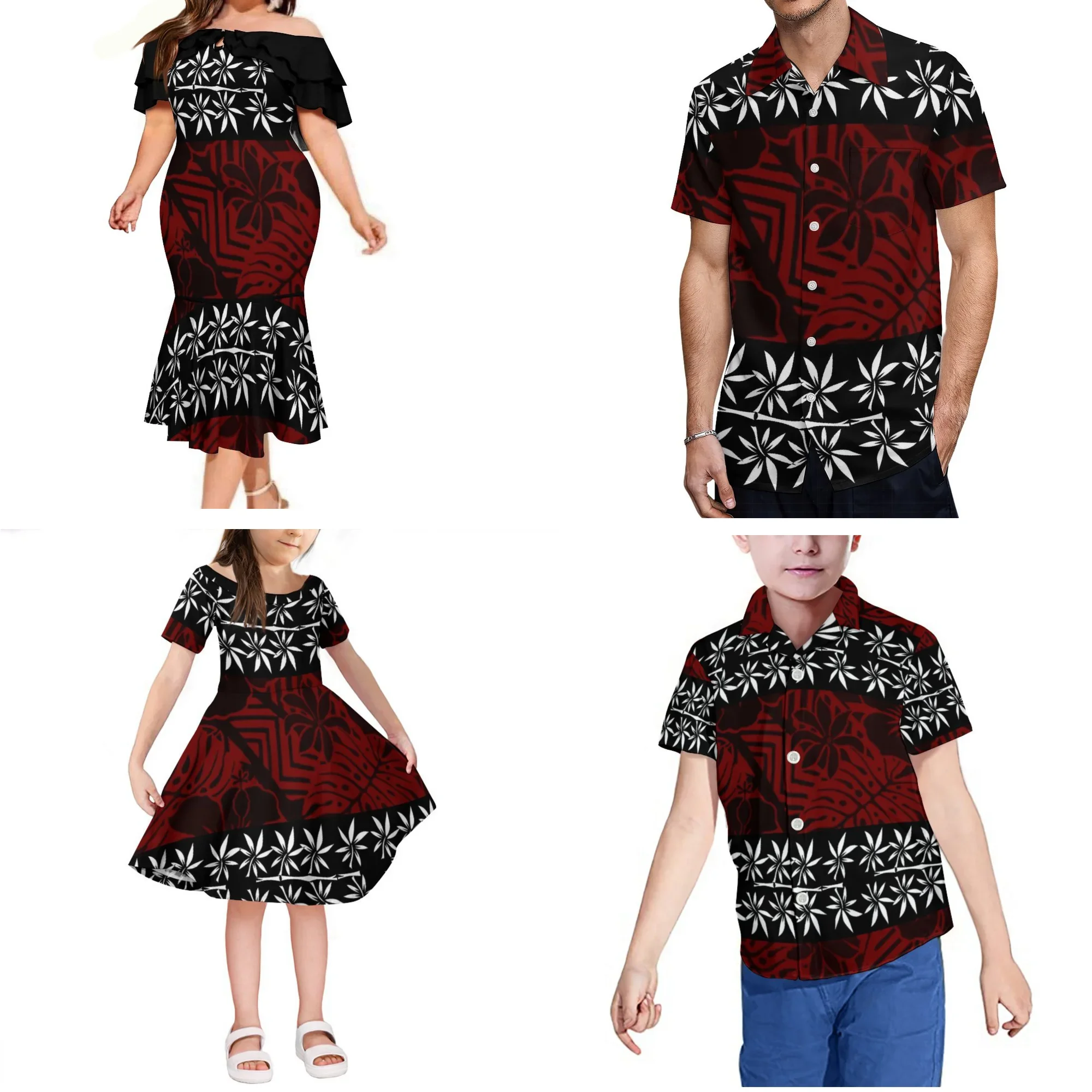 

NEW Dress Designs Casual Women Dress Matching Men Shirt Kids Shirt Polynesian Tribal Samoan Design Plus Size 4-piece Family Sets