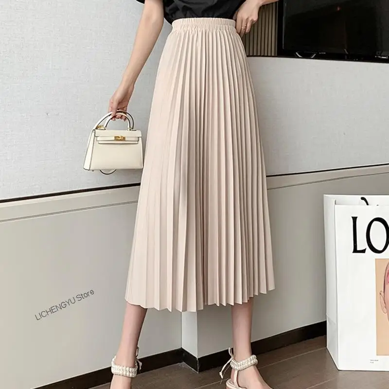 2022 Rimocy Elegant Solid Pleated Skirt Women Spring Elastic High Waist A Line Skirts Woman All Match Loose Long Faldas Ladies