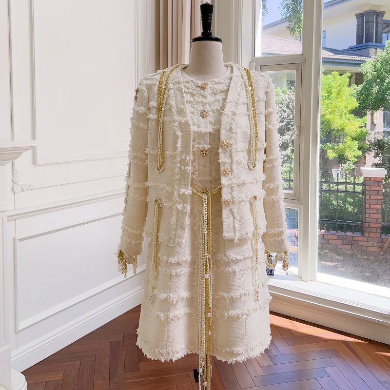 

High Quality Small Fragrance Tweed Suit 2023 Autumn Winter New Women Beaded Fashion Tassel Jacket + Elegant Dress Two Piece Set