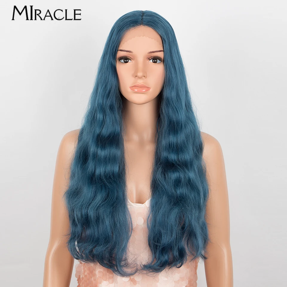 MIRACLE Long Wavy Blue Wig for Women Synthetic Lace Front Wigs 24‘’ Body Wave Cosplay Wig Heat Resistant Lace Frontal Wig