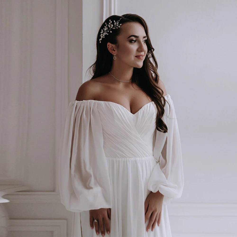 

Off the Shoulder Sweetheart Wedding Dresses for Women Bride Pleats Puff Sleeve Simple A-Line Custom Made Vestidos De Novia