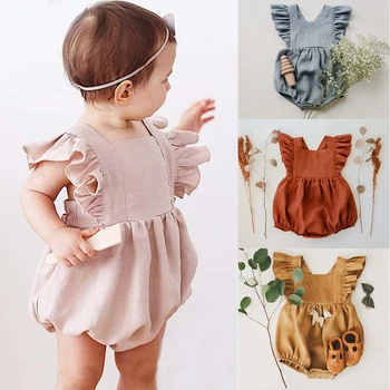 Baby Girls Solid Summer Romper For 0-24M Linen Ruffles Short Sleeve Outfits Bodysuit Clothes Newborn Toddler Jumpsuits For Baby