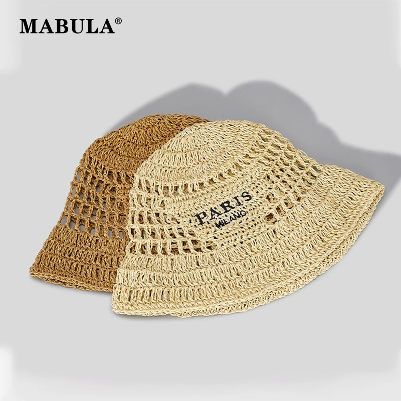 MABULA Wide Brim Women Bucket Hat Summer Straw Woven Sun Visor Hats Luxury Design Hollow Out Hat Fashion Striped Girls Beach Hat 1