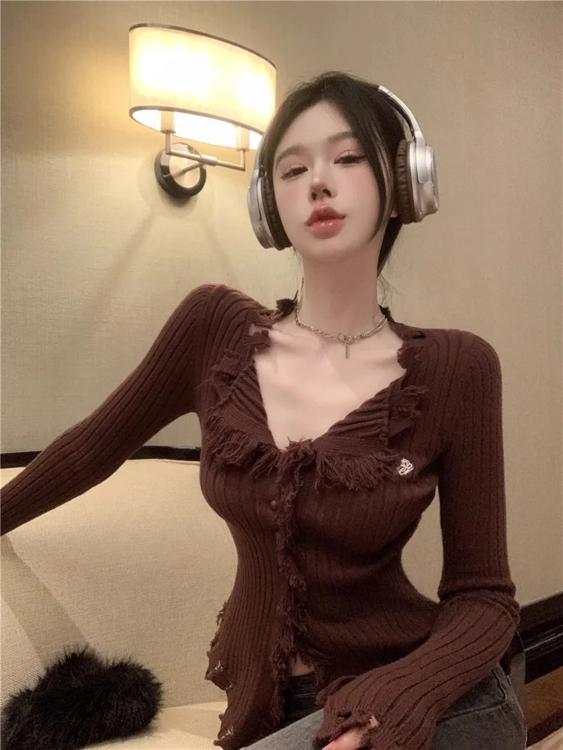여성 양모 니트 점퍼, 순수 욕망 태슬 브이넥 가디건, 슬림 긴팔 점퍼, 가을 겨울 보터밍 시