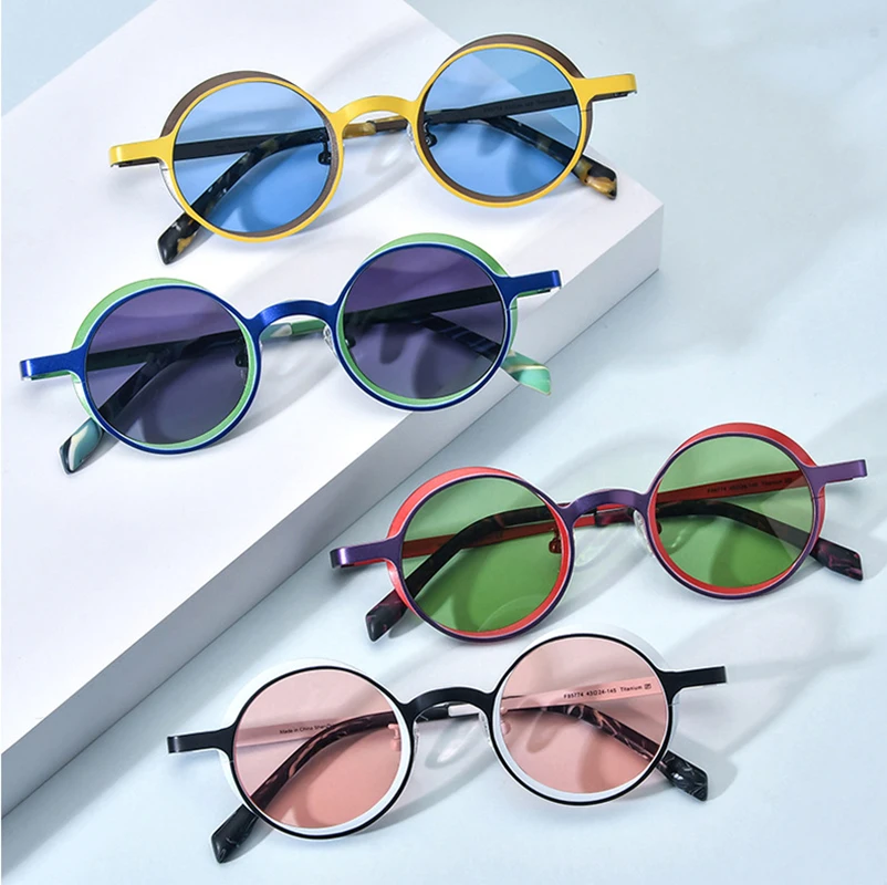 

Frosted Multicolor Pure Titanium Personality Tinted Glasses Retro Sunglasses Polarized UV400 Ultra Light Round Fashion Design