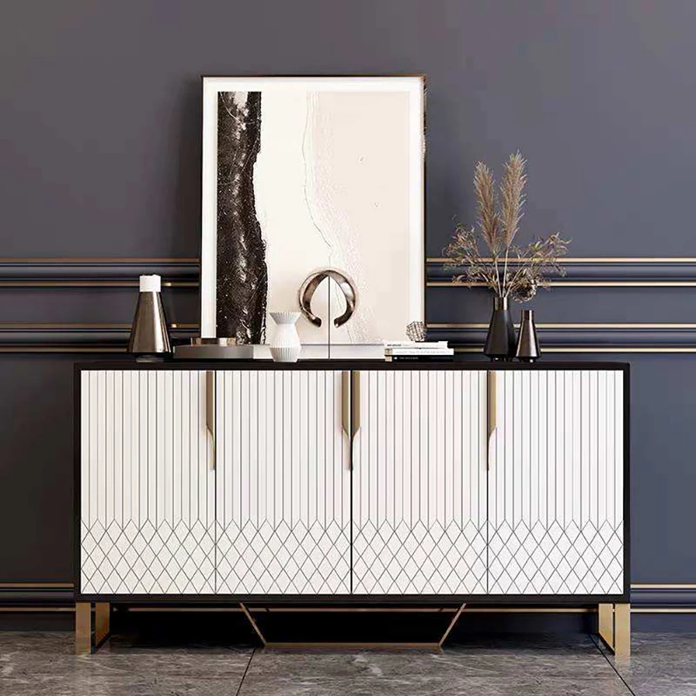 Luxury Dining Room Black Color Gold Sideboard Modern Buffet Cabinet with 4 drawer Storage Wine Cabinet Furniture
