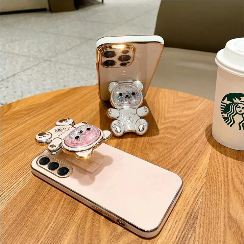 Coque de téléphone plaquée avec support d'ours mouvant, étui mignon pour Samsung Galaxy S23 S21 S20 S22 S10 Note 10 20 23 Plus Ultra S21Fe_voghion.com