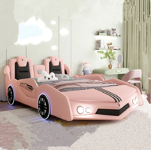 Cama Infantil Carro de Corrida Menina Rosa com Colchão