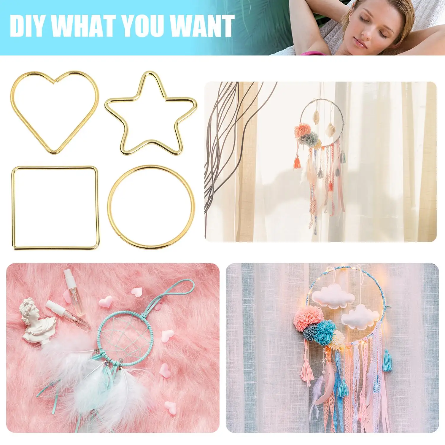 macrame rings 4pcs Crafts Wedding Star Macrame Rings Supplie Gold Hoop Moon Metal Hoops Dream Catcher Hoop Iron Circle DIY Flower Wreath Rings