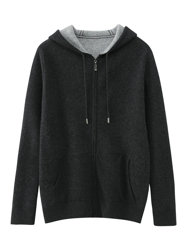 High Quality Autumn Winter Men Hooded Cashmere Sweater Long Sleeve Casual Loose 100% Merino Wool Cardigan Knitwear Clothing Tops 6