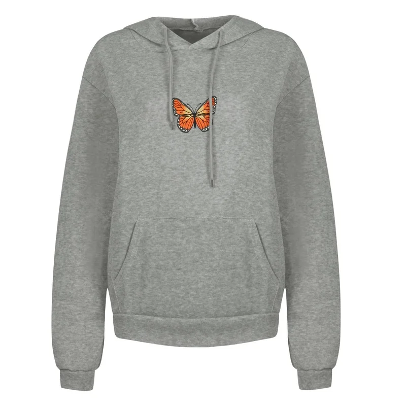 Women Loose Big Pocket Drawstring Hooded Pullovers Sport Leisure Warm Spring Autumn Hoodies Butterfly Printed Casual Sweatshirts