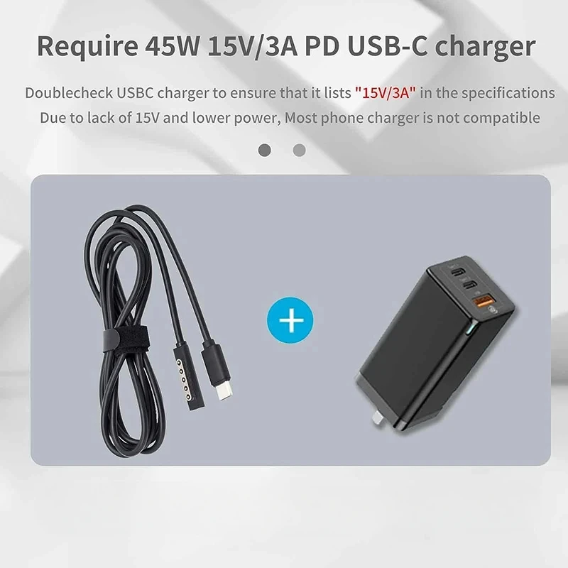 C 타입 전원 공급 장치, 충전 케이블, 15V, 3A USB-C GaN PD 충전기 어댑터, 마이크로소프트 서피스 Pro1/2 호환 가능, 65W