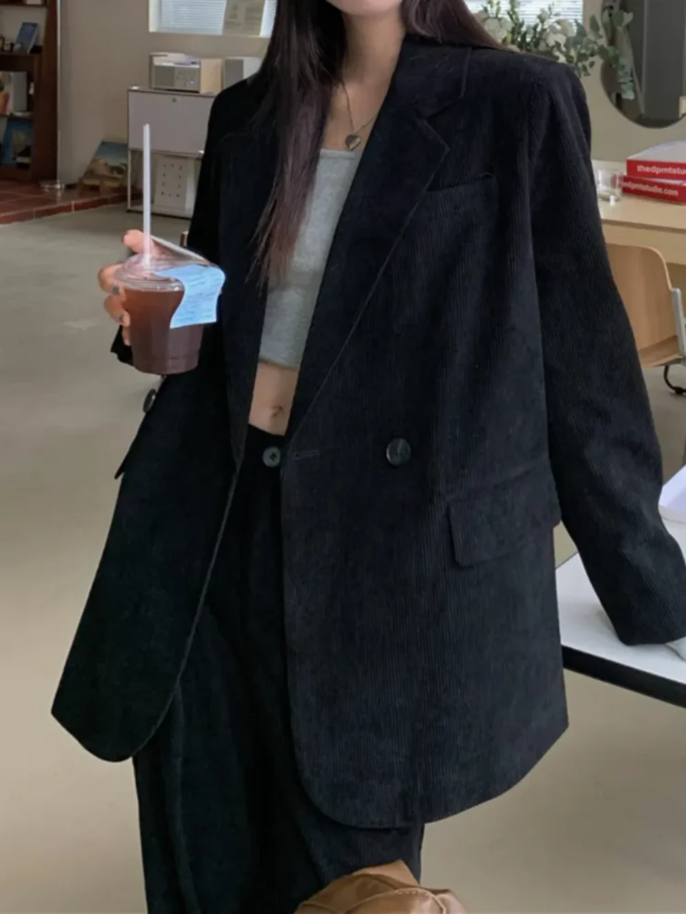 2023 Fashion Elegant Casual Women Blazer Pantsuits Autumn Office Corduroy Loose Business Trousers Suit Femme Streetwear Outfits