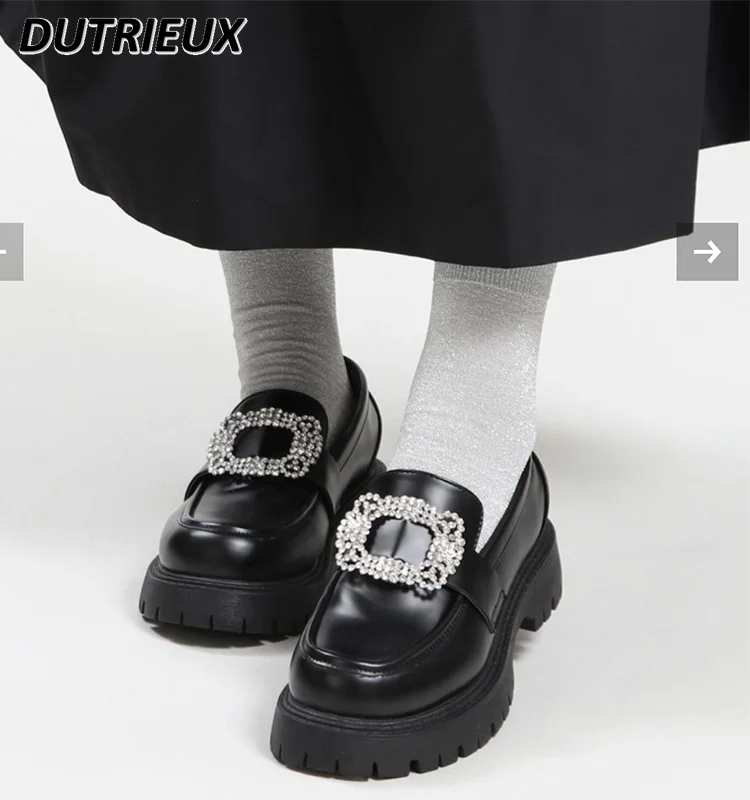 

2024 New Women's Pumps Diamond Ladies Loafer Shoes Thick Bottom Increased Round Head College Style Japanese Mary Janes Female