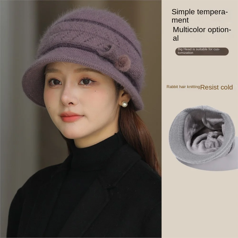

Middle-aged Elderly Mother Hat Padded Thickened Warm Windproof Knitted Cap Fashion Simple Rabbit Hair Knitted Pot Hats Big Head