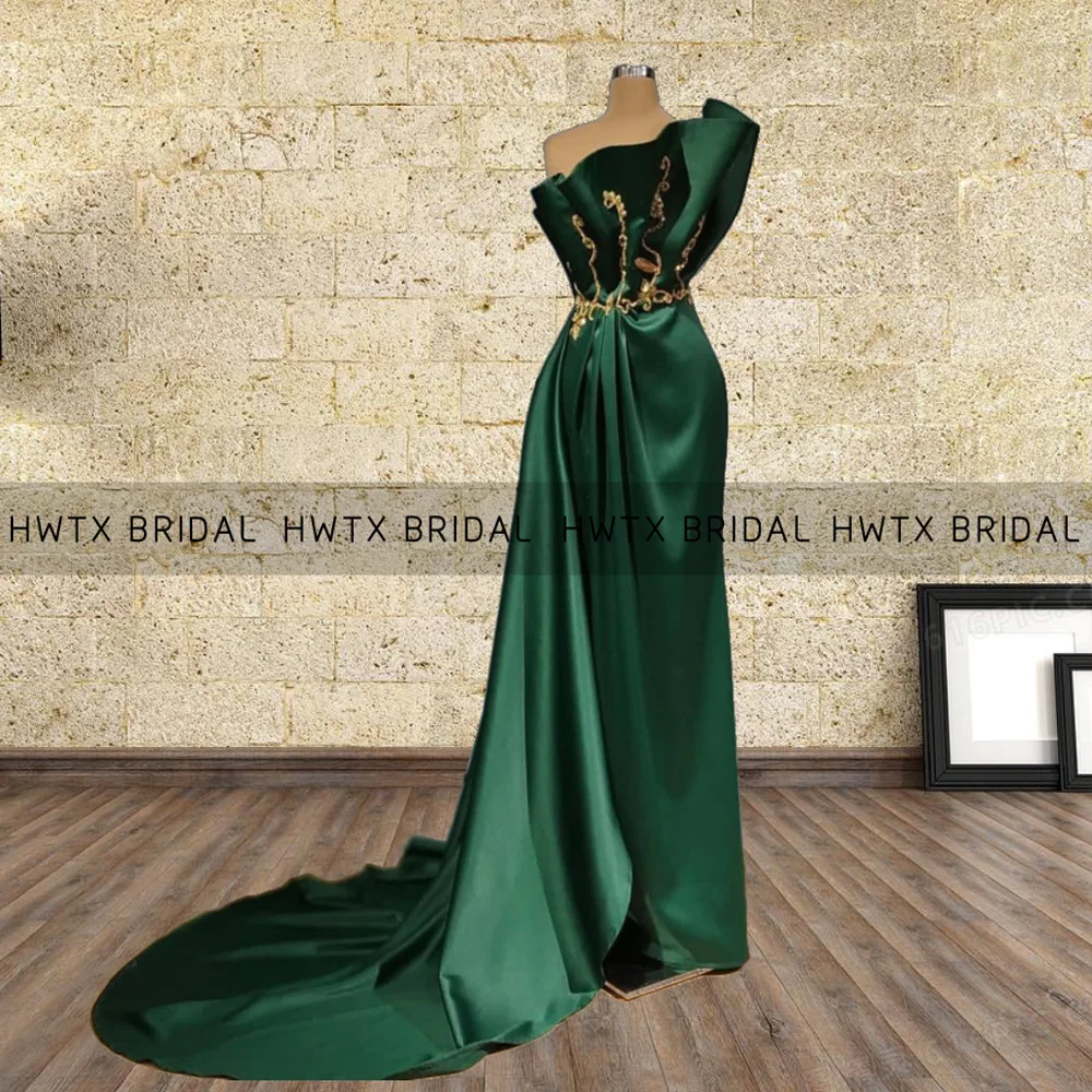 Emerald Green Mermaid Evening Dresses Real Image Gold Embroidery Long Prom Dresses Ruffles Dubai Satin Sweep Train Formal Dress women's formal dresses & gowns