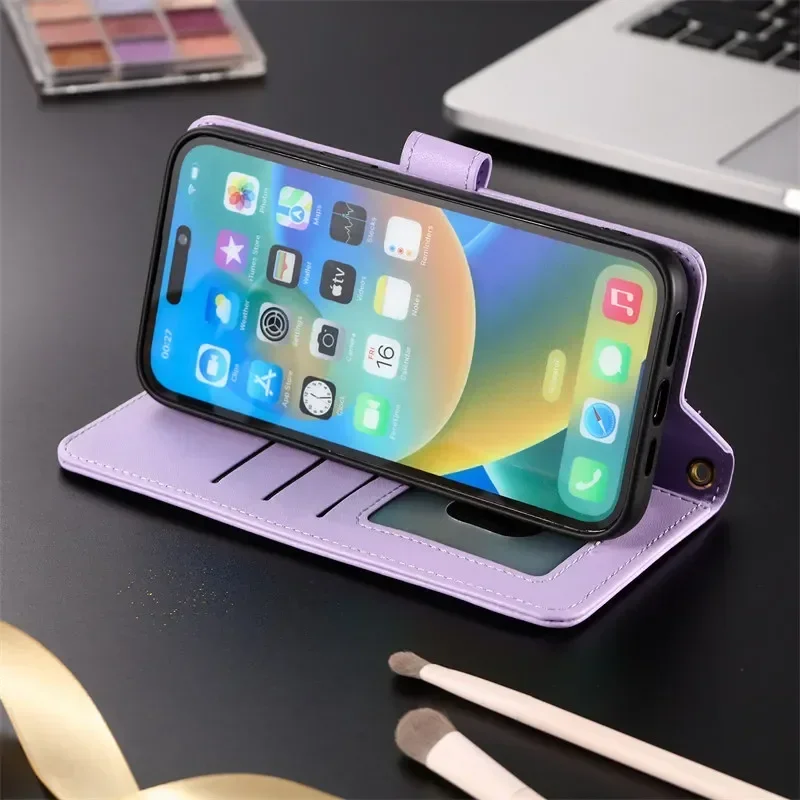Leather Wallet Phone Case with Long Lanyard - Card Holder Cover