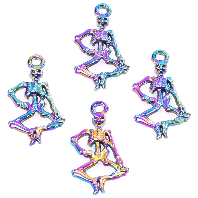 

10pcs/Lot Metal Alloy Halloween Skeleton Decoration Charms Rainbow Color Humanoid Skull Bones Pendant For Women Men Necklace DIY