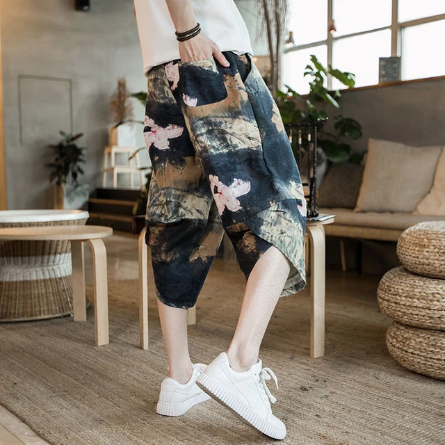 Plus Size Summer Harem Pants Men Short Joggers Chinese Style Calf