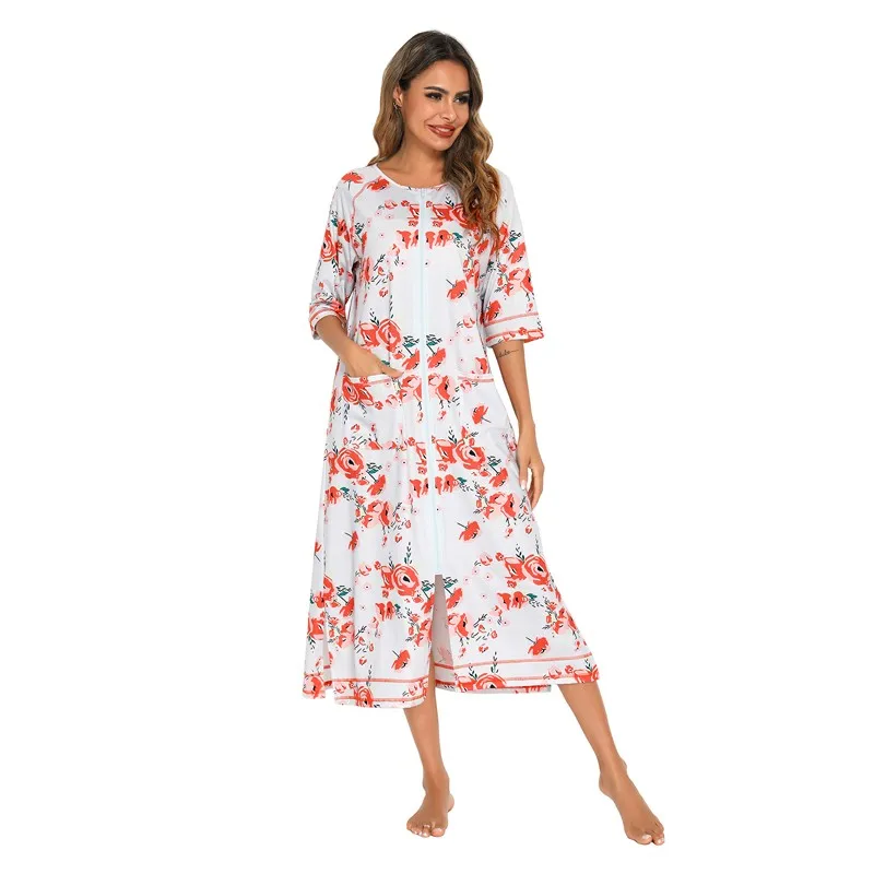 2023 Autumn New Women Long Robe Nightgowns Loose Comfy Homewear Pregnant Woman Lactation Sleepwear Zipper Nightwear Night Dress