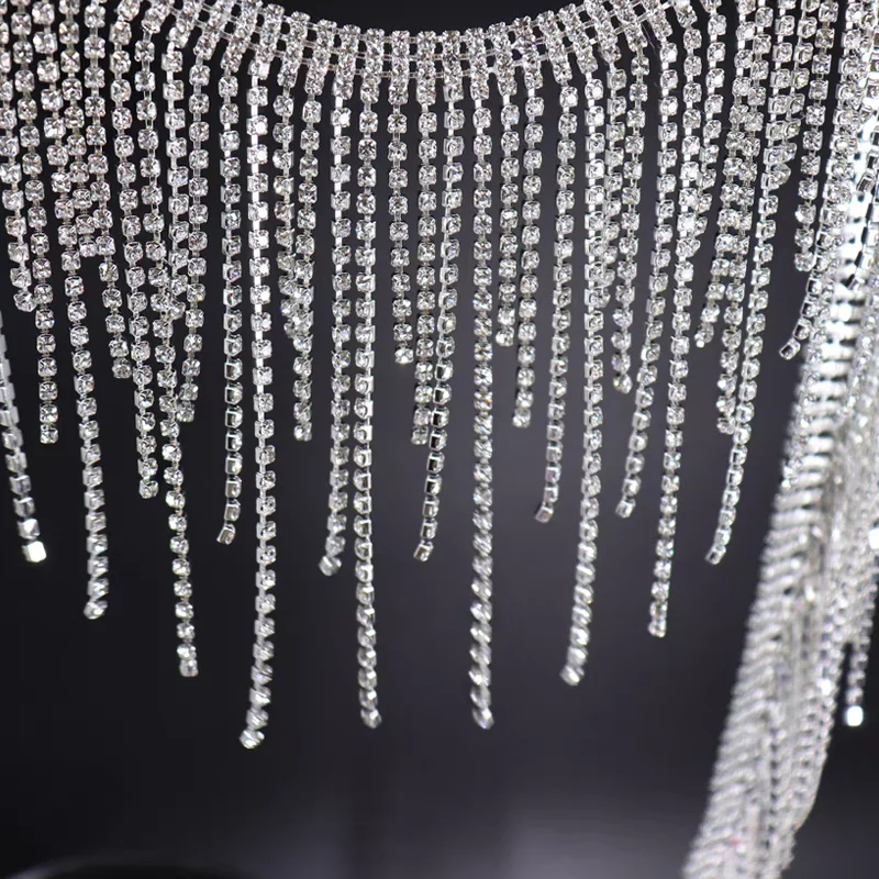원피스 코스튬 쿠튀르 스파클 프린지, 넓은 라인스톤 체인 프린지, 패션 라인스톤 프린지, 전등갓 프린지, 50cm 길이, 11.5cm