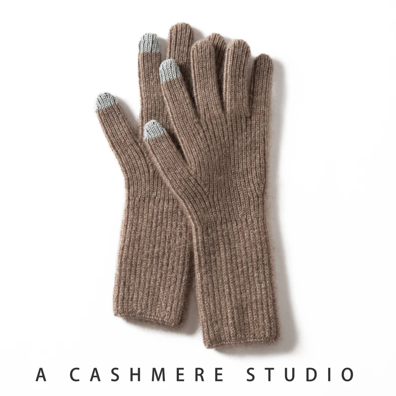 Winter New 100% Cashmere Knit Touch Screen Gloves Women Soft Warm Stretch Guantes Lady Solid Color Casual Full Finger Guantes