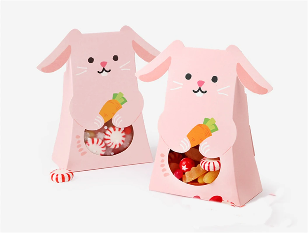 5PCS Easter Baking Packaging Nougat Packaging Box Candy Pink Bunny Pink bread box with window independent paper cup