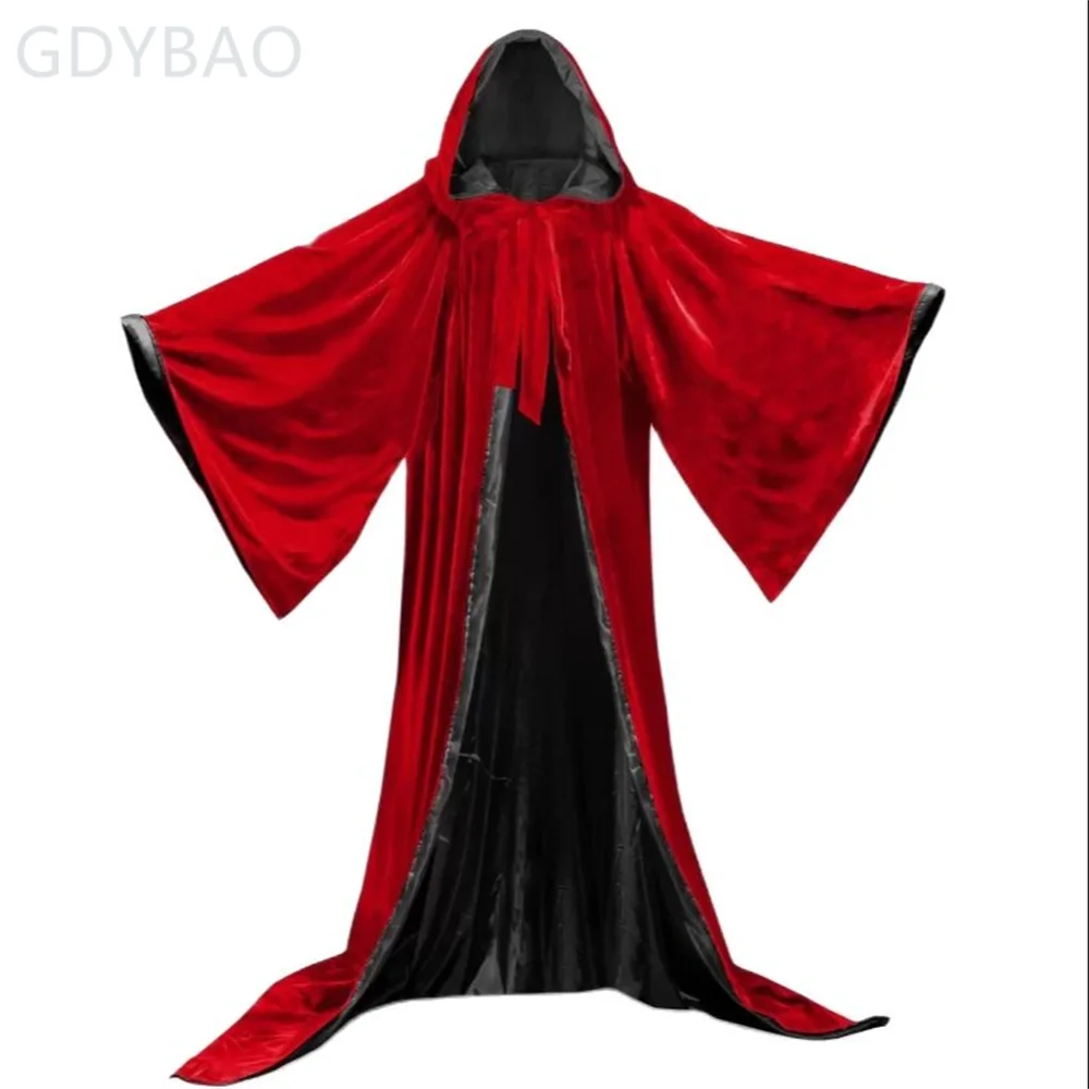 

Red + Black Lining Long Sleeves Adult Hooded Cloak Velvet Cape Robe Halloween Carnival Coats Medieval Witch Wicca Vampire Cost