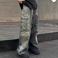 RO Style Gradient Ribbons Multi-pockets Drawstring Jeans for Men Harajuku Streetwear Baggy Y2K Denim Trousers Oversized Cargos 1