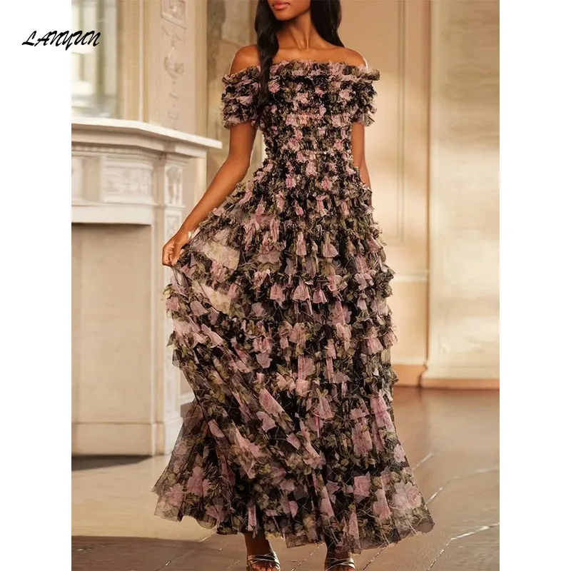 

LANMU Hit Color Printing Dresses For Women Slash Neck Short Sleeve High Waist Elegant A Line Dress Female Fashion Clothes