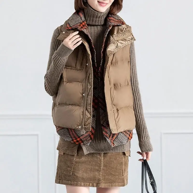 

New Plaid Shirt Patchwork Vest Winter Women's Jacket Sleeveless Coat Cardigan False Two-piece Set Tops Korean Fashion Warm