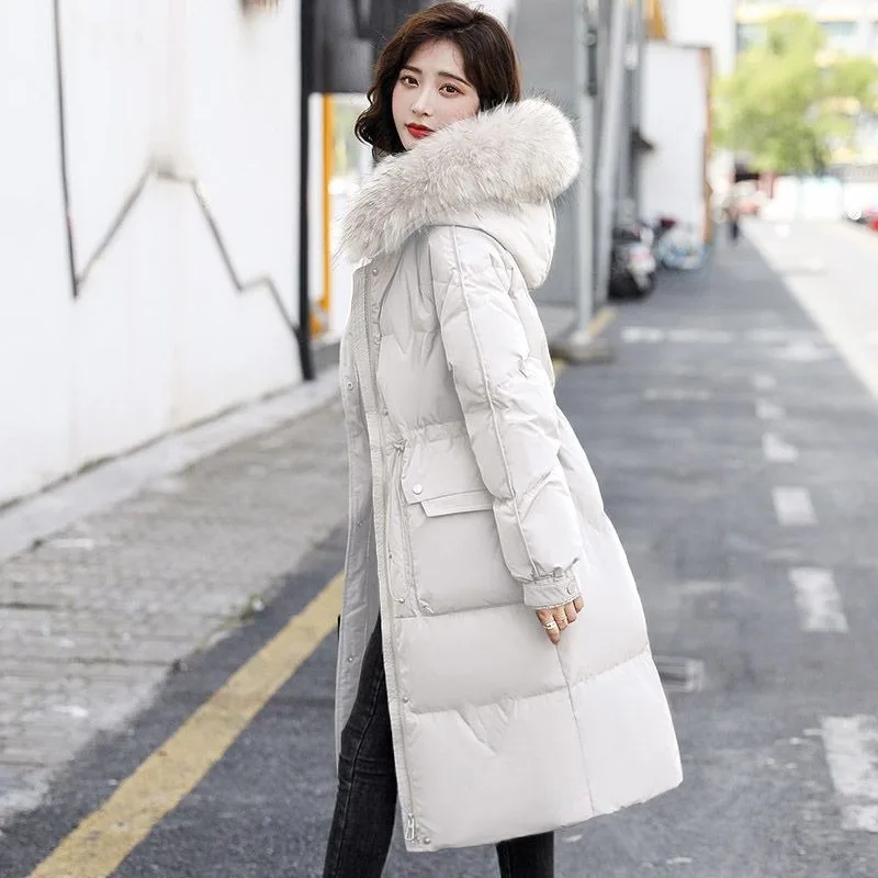 2023 New Women Down Jacket Winter Coat Female The Waist Parkas  Mid Length Version Outwear Real Fur Collar and Hat Overcoat